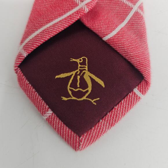 Original Penguin Skinny Colby Neck Tie Cotton Designer Plaid Argyle Red White - Picture 2 of 7